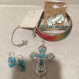 FREE Bundle Faux Turquoise and Silver Cross Jewelry Lot